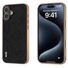 For iPhone 16 Plus ABEEL Electroplating Frame Cross Texture Genuine Leather Phone Case(Black) - 1