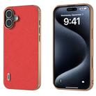 For iPhone 16 Plus ABEEL Electroplating Frame Cross Texture Genuine Leather Phone Case(Red) - 1