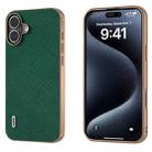 For iPhone 16 ABEEL Electroplating Frame Cross Texture Genuine Leather Phone Case(Green) - 1