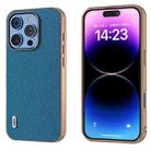 For iPhone 16 Pro Max ABEEL Electroplating Frame Genuine Leather Litchi Texture Phone Case(Blue) - 1