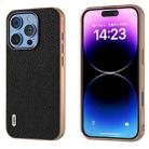 For iPhone 16 Pro ABEEL Electroplating Frame Genuine Leather Litchi Texture Phone Case(Black) - 1