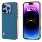 For iPhone 16 Pro ABEEL Electroplating Frame Genuine Leather Litchi Texture Phone Case(Blue) - 1