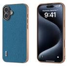 For iPhone 16 Plus ABEEL Electroplating Frame Genuine Leather Litchi Texture Phone Case(Blue) - 1