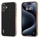 For iPhone 16 ABEEL Electroplating Frame Genuine Leather Litchi Texture Phone Case(Black) - 1