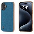 For iPhone 16 ABEEL Electroplating Frame Genuine Leather Litchi Texture Phone Case(Blue) - 1