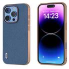 For iPhone 16 Pro Max ABEEL Electroplating Frame Genuine Leather + PC Litchi Texture Phone Case(Blue) - 1