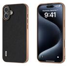 For iPhone 16 Plus ABEEL Electroplating Frame Genuine Leather + PC Litchi Texture Phone Case(Black) - 1