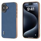 For iPhone 16 Plus ABEEL Electroplating Frame Genuine Leather + PC Litchi Texture Phone Case(Blue) - 1