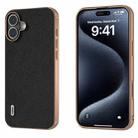 For iPhone 16 ABEEL Electroplating Frame Genuine Leather + PC Litchi Texture Phone Case(Black) - 1