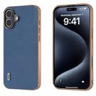 For iPhone 16 ABEEL Electroplating Frame Genuine Leather + PC Litchi Texture Phone Case(Blue) - 1