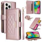 For iPhone 16 Pro Max Crossbody Zipper Wallet Rhombus Leather Phone Case(Rose Gold) - 1