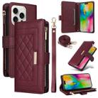 For iPhone 16 Pro Max Crossbody Zipper Wallet Rhombus Leather Phone Case(Wine Red) - 1