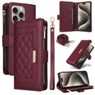 For iPhone 15 Pro Max Crossbody Zipper Wallet Rhombus Leather Phone Case(Wine Red) - 1