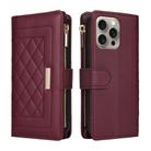 For iPhone 15 Pro Max Crossbody Zipper Wallet Rhombus Leather Phone Case(Wine Red) - 3