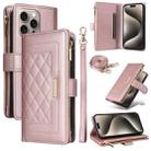 For iPhone 15 Pro Crossbody Zipper Wallet Rhombus Leather Phone Case(Rose Gold) - 1
