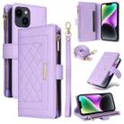 For iPhone 15 Plus / 14 Plus Crossbody Zipper Wallet Rhombus Leather Phone Case(Purple) - 1