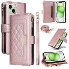 For iPhone 15 Crossbody Zipper Wallet Rhombus Leather Phone Case(Rose Gold) - 1