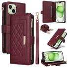 For iPhone 15 Crossbody Zipper Wallet Rhombus Leather Phone Case(Wine Red) - 1