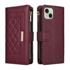 For iPhone 15 Crossbody Zipper Wallet Rhombus Leather Phone Case(Wine Red) - 3