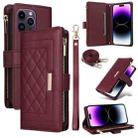 For iPhone 14 Pro Crossbody Zipper Wallet Rhombus Leather Phone Case(Wine Red) - 1