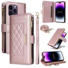 For iPhone 14 Pro Max Crossbody Zipper Wallet Rhombus Leather Phone Case(Rose Gold) - 1