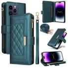 For iPhone 14 Pro Max Crossbody Zipper Wallet Rhombus Leather Phone Case(Green) - 1