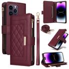 For iPhone 14 Pro Max Crossbody Zipper Wallet Rhombus Leather Phone Case(Wine Red) - 1