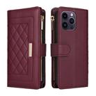 For iPhone 14 Pro Max Crossbody Zipper Wallet Rhombus Leather Phone Case(Wine Red) - 3