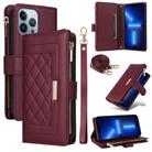 For iPhone 13 Pro Max Crossbody Zipper Wallet Rhombus Leather Phone Case(Wine Red) - 1