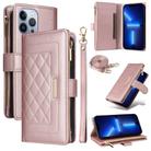 For iPhone 13 Pro Crossbody Zipper Wallet Rhombus Leather Phone Case(Rose Gold) - 1