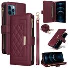 For iPhone 12 / 12 Pro Crossbody Zipper Wallet Rhombus Leather Phone Case(Wine Red) - 1