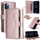 For iPhone 12 Pro Max Crossbody Zipper Wallet Rhombus Leather Phone Case(Rose Gold) - 1