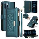 For iPhone 12 Pro Max Crossbody Zipper Wallet Rhombus Leather Phone Case(Green) - 1