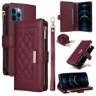 For iPhone 12 Pro Max Crossbody Zipper Wallet Rhombus Leather Phone Case(Wine Red) - 1