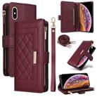 For iPhone X / XS Crossbody Zipper Wallet Rhombus Leather Phone Case(Wine Red) - 1