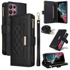 For Samsung Galaxy S22 Ultra 5G Crossbody Zipper Wallet Rhombus Leather Phone Case(Black) - 1