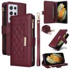 For Samsung Galaxy S21 Ultra 5G Crossbody Zipper Wallet Rhombus Leather Phone Case(Wine Red) - 1