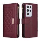 For Samsung Galaxy S21 Ultra 5G Crossbody Zipper Wallet Rhombus Leather Phone Case(Wine Red) - 3