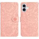 For iPhone 16 Plus Floral Embossed Pattern Leather Phone Case(Pink) - 1