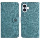 For iPhone 16 Plus Floral Embossed Pattern Leather Phone Case(Dark Green) - 1