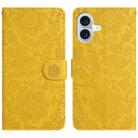 For iPhone 16 Plus Floral Embossed Pattern Leather Phone Case(Yellow) - 1