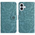 For iPhone 16 Floral Embossed Pattern Leather Phone Case(Dark Green) - 1