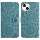 For iPhone 15 Plus Floral Embossed Pattern Leather Phone Case(Dark Green) - 1