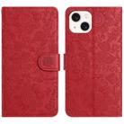 For iPhone 15 Floral Embossed Pattern Leather Phone Case(Red) - 1