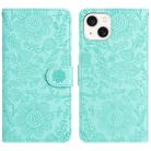 For iPhone 15 Floral Embossed Pattern Leather Phone Case(Light Green) - 1