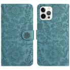 For iPhone 12 / 12 Pro Floral Embossed Pattern Leather Phone Case(Dark Green) - 1