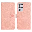 For Samsung Galaxy S21 Ultra 5G Floral Embossed Pattern Leather Phone Case(Pink) - 1