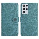 For Samsung Galaxy S21 Ultra 5G Floral Embossed Pattern Leather Phone Case(Dark Green) - 1