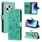 For Redmi 14C 4G Global Cat and Bee Embossed Flip Leather Phone Case(Green) - 1