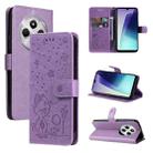 For Redmi 14C 4G Global Cat and Bee Embossed Flip Leather Phone Case(Purple) - 1